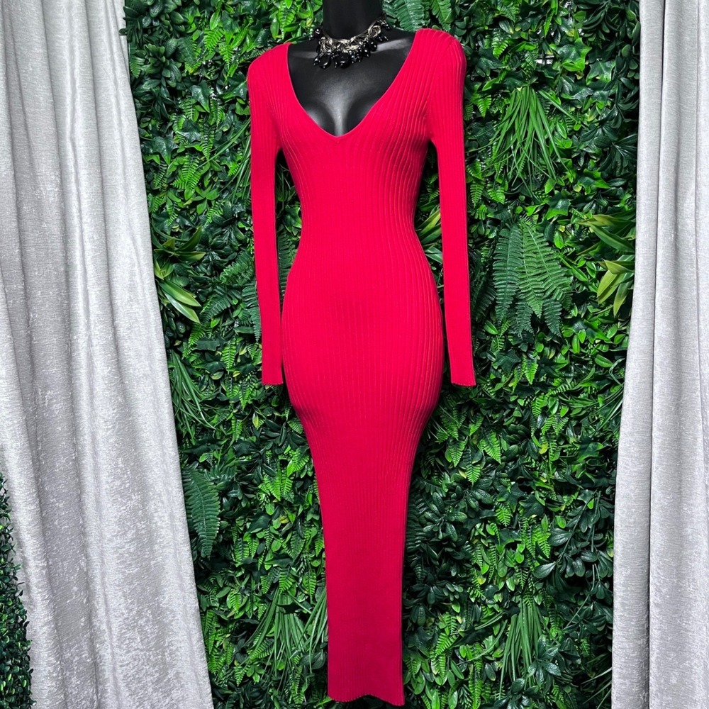 Hera Collection Dress Medium Red Ribbed Knit Long Sleeve Bodycon Maxi 4215